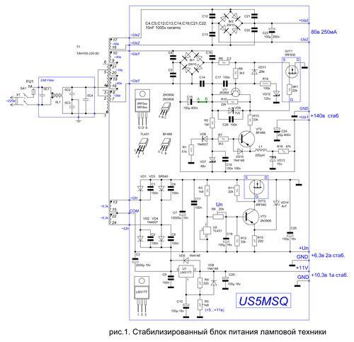 Схема анодного и накального стабилизаторов US5MSQ